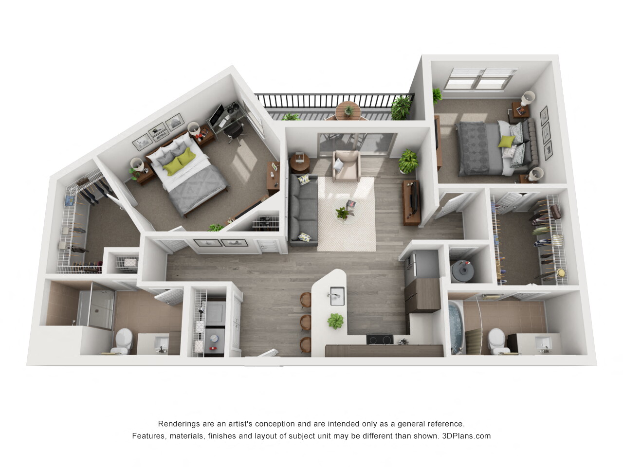 Floor plan for 2 beds, 2 baths, 1128 sqft